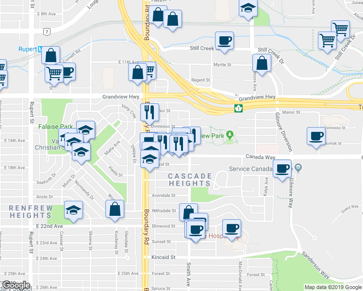 map of restaurants, bars, coffee shops, grocery stores, and more near 102 Norfolk Street in Burnaby