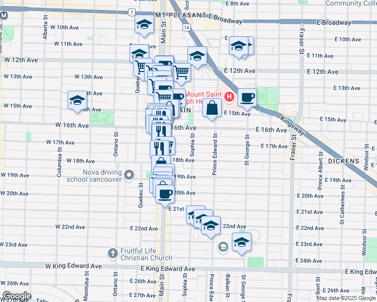 map of restaurants, bars, coffee shops, grocery stores, and more near 3319 Sophia Street in Vancouver