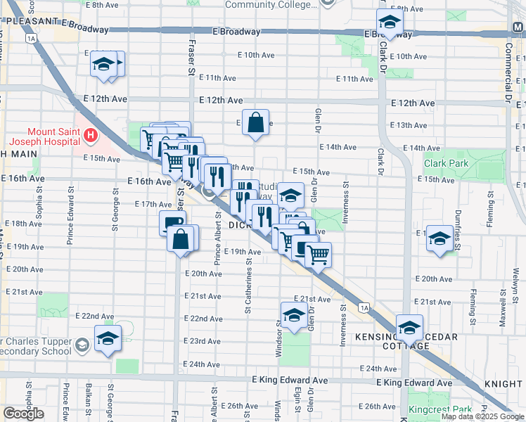 map of restaurants, bars, coffee shops, grocery stores, and more near 928 East 17th Avenue in Vancouver