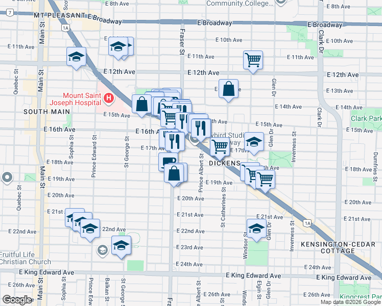 map of restaurants, bars, coffee shops, grocery stores, and more near 752 East 17th Avenue in Vancouver