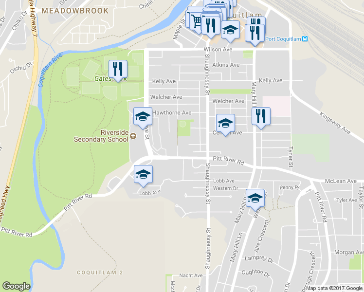 map of restaurants, bars, coffee shops, grocery stores, and more near 2109 Rowland Street in Port Coquitlam