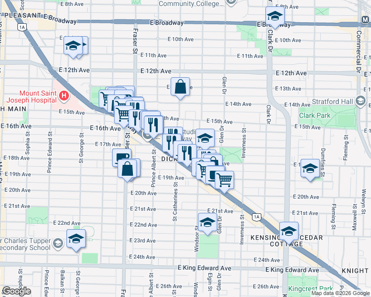 map of restaurants, bars, coffee shops, grocery stores, and more near in Vancouver