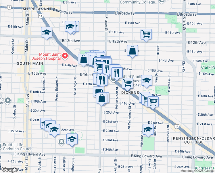 map of restaurants, bars, coffee shops, grocery stores, and more near 730 East 17th Avenue in Vancouver