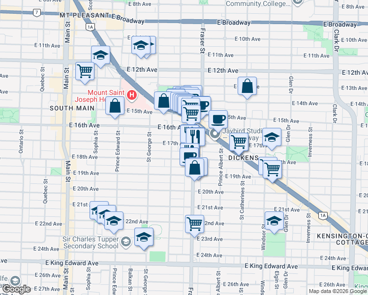 map of restaurants, bars, coffee shops, grocery stores, and more near 672 East 17th Avenue in Vancouver