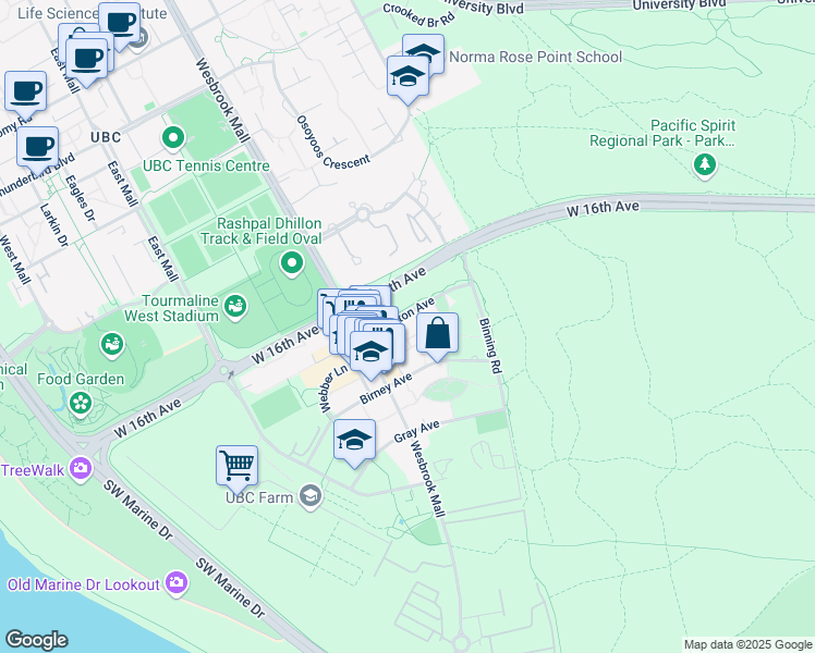 map of restaurants, bars, coffee shops, grocery stores, and more near 5782 Berton Avenue in Vancouver