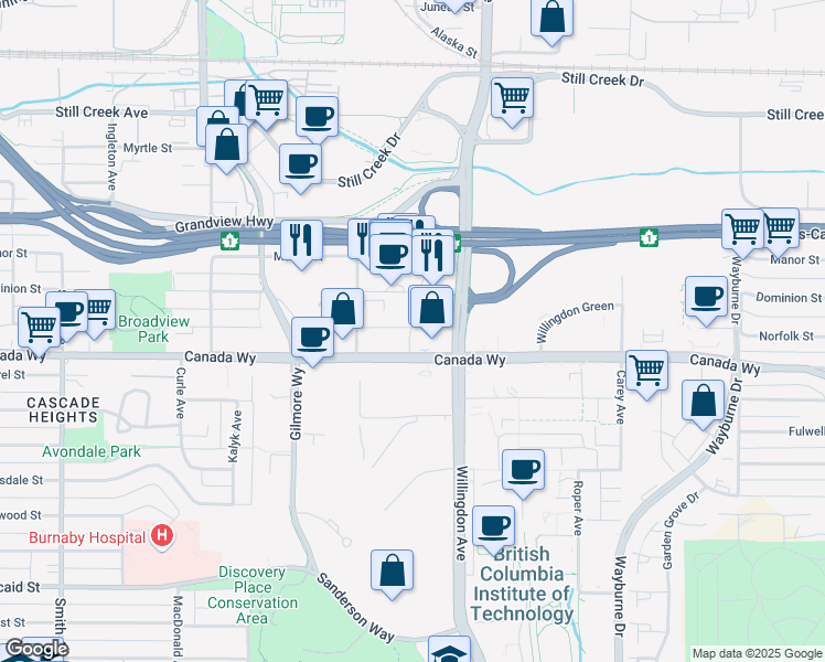 map of restaurants, bars, coffee shops, grocery stores, and more near 4406 Norfolk Street in Burnaby