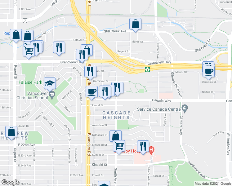 map of restaurants, bars, coffee shops, grocery stores, and more near 3225 Smith Avenue in Burnaby