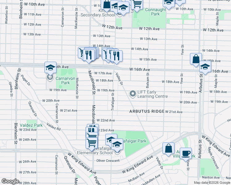 map of restaurants, bars, coffee shops, grocery stores, and more near in Vancouver