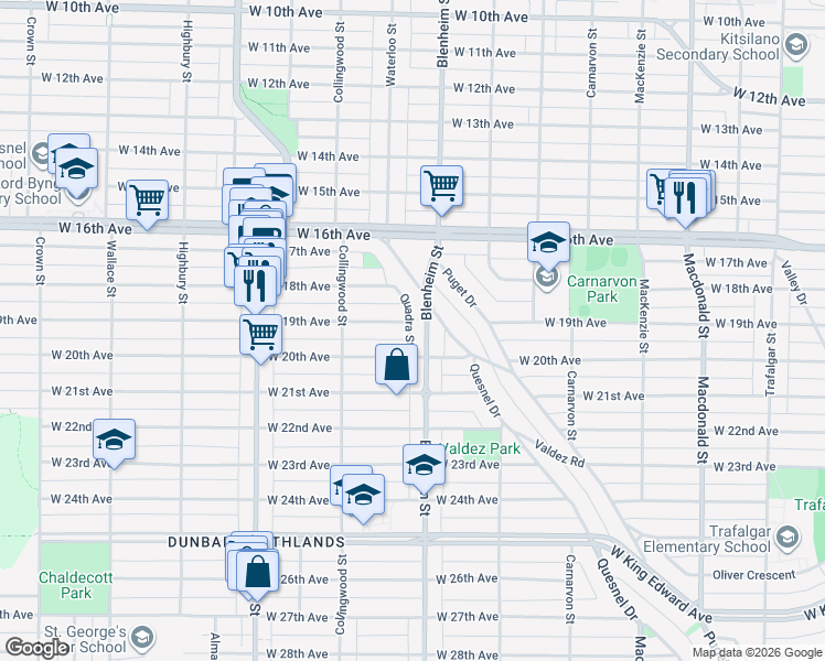 map of restaurants, bars, coffee shops, grocery stores, and more near 3515 Quadra Street in Vancouver