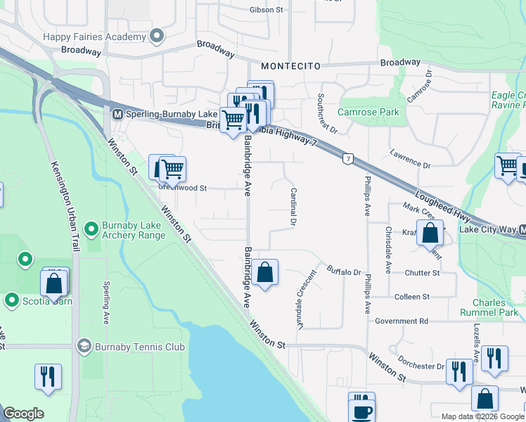 map of restaurants, bars, coffee shops, grocery stores, and more near 7129 Cardinal Court in Burnaby