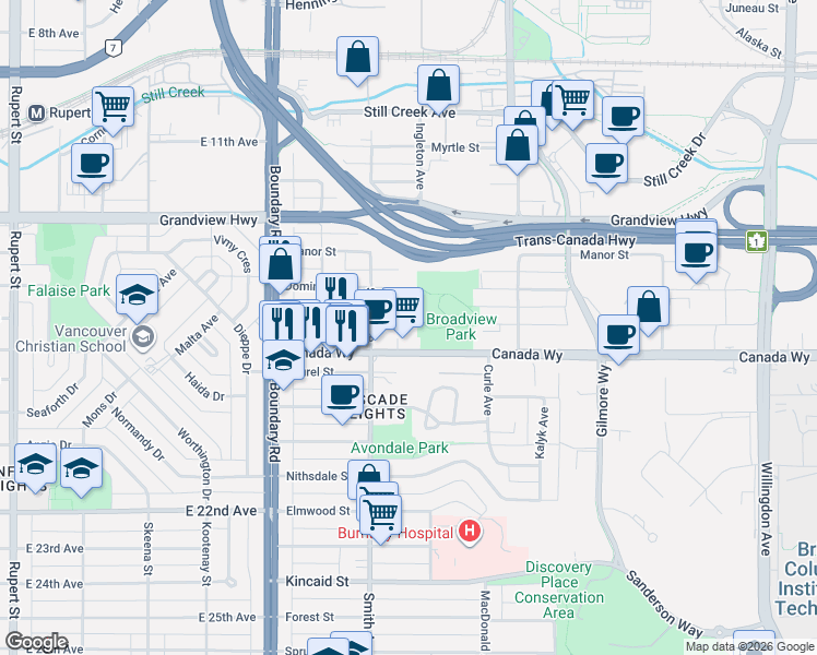 map of restaurants, bars, coffee shops, grocery stores, and more near 3888 Norfolk Street in Burnaby