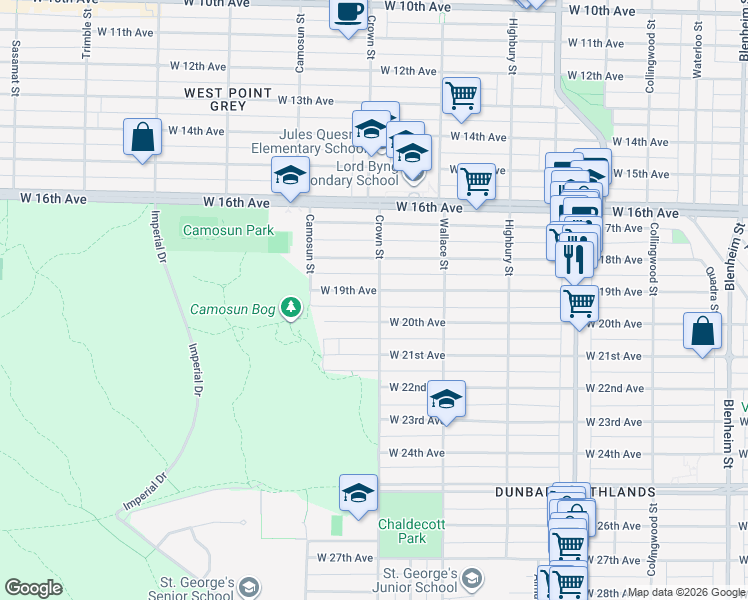 map of restaurants, bars, coffee shops, grocery stores, and more near 3533 Crown Street in Vancouver
