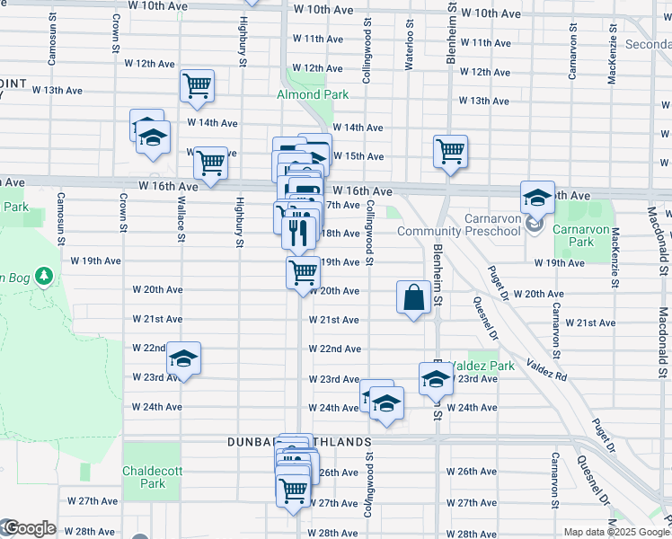 map of restaurants, bars, coffee shops, grocery stores, and more near 3556 West 19th Avenue in Vancouver