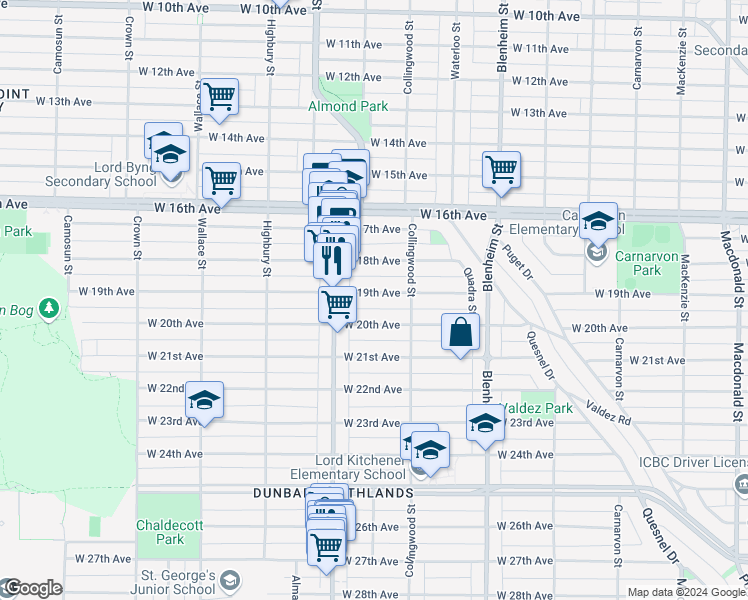 map of restaurants, bars, coffee shops, grocery stores, and more near 3556 West 19th Avenue in Vancouver