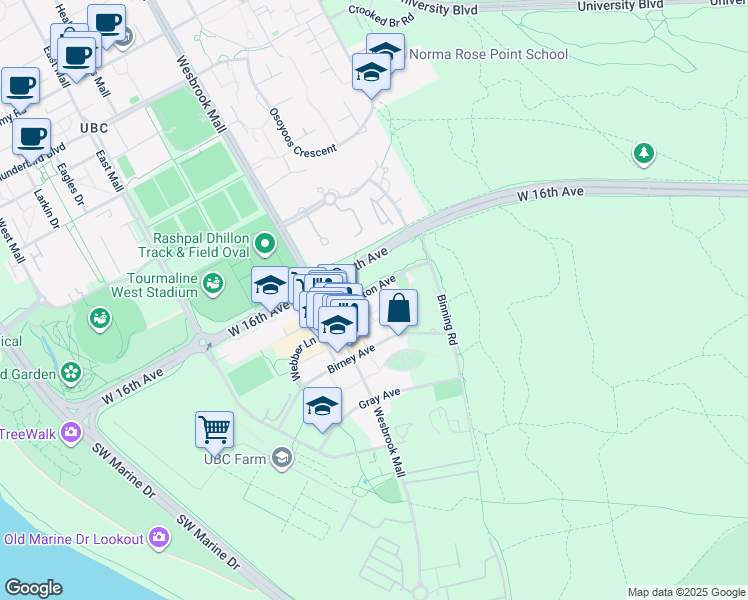 map of restaurants, bars, coffee shops, grocery stores, and more near 5782 Berton Avenue in Vancouver