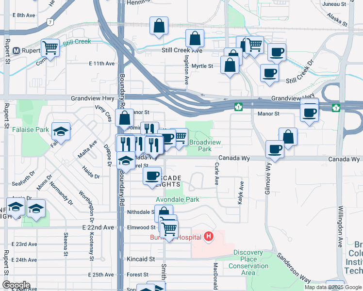 map of restaurants, bars, coffee shops, grocery stores, and more near 115-4445 Norfolk Street in Burnaby
