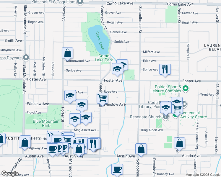 map of restaurants, bars, coffee shops, grocery stores, and more near 1317 Ross Avenue in Coquitlam