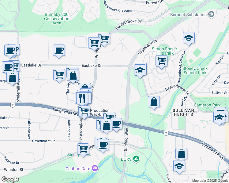 map of restaurants, bars, coffee shops, grocery stores, and more near 8555 Commerce Court in Burnaby