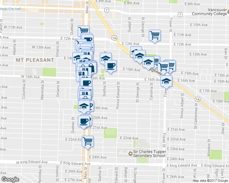 map of restaurants, bars, coffee shops, grocery stores, and more near 364 East 17th Avenue in Vancouver