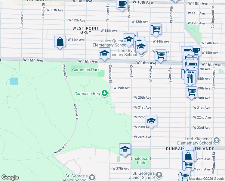 map of restaurants, bars, coffee shops, grocery stores, and more near 4094 West 19th Avenue in Vancouver