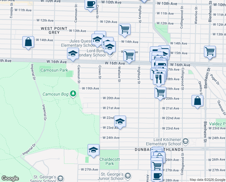 map of restaurants, bars, coffee shops, grocery stores, and more near 3926 West 19th Avenue in Vancouver