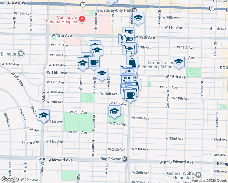 map of restaurants, bars, coffee shops, grocery stores, and more near 583 West 18th Avenue in Vancouver