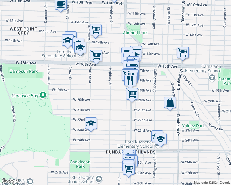 map of restaurants, bars, coffee shops, grocery stores, and more near 3756 West 19th Avenue in Vancouver