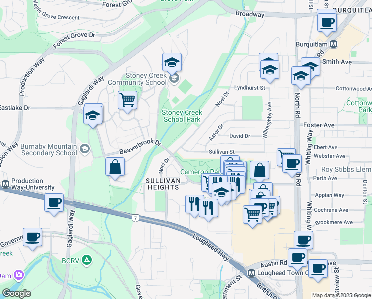 map of restaurants, bars, coffee shops, grocery stores, and more near 3190 Noel Drive in Burnaby