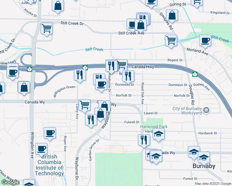map of restaurants, bars, coffee shops, grocery stores, and more near 4961 Norfolk Street in Burnaby