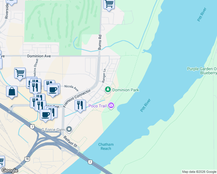 map of restaurants, bars, coffee shops, grocery stores, and more near 2332 Ranger Lane in Pitt Meadows