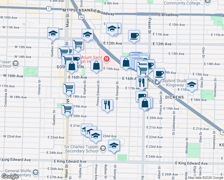 map of restaurants, bars, coffee shops, grocery stores, and more near 476 East 17th Avenue in Vancouver