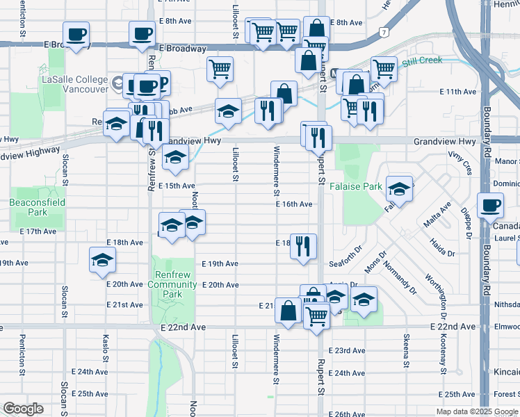 map of restaurants, bars, coffee shops, grocery stores, and more near 3168 East 16th Avenue in Vancouver