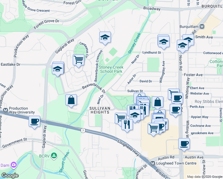 map of restaurants, bars, coffee shops, grocery stores, and more near 3190 Noel Drive in Burnaby