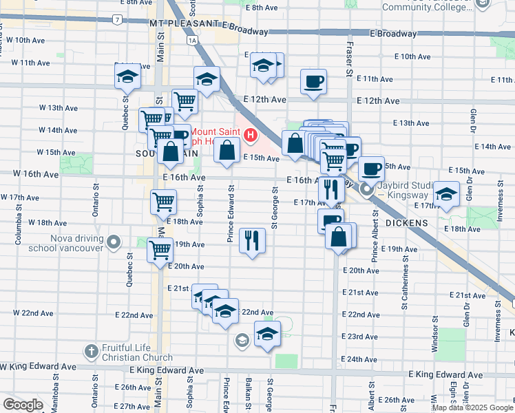 map of restaurants, bars, coffee shops, grocery stores, and more near 462 East 17th Avenue in Vancouver