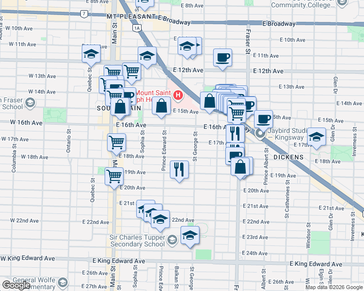 map of restaurants, bars, coffee shops, grocery stores, and more near 465 East 17th Avenue in Vancouver