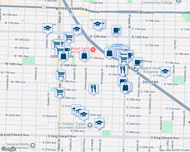 map of restaurants, bars, coffee shops, grocery stores, and more near 460 East 17th Avenue in Vancouver