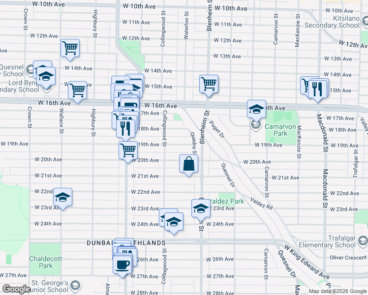 map of restaurants, bars, coffee shops, grocery stores, and more near 3386 West 19th Avenue in Vancouver