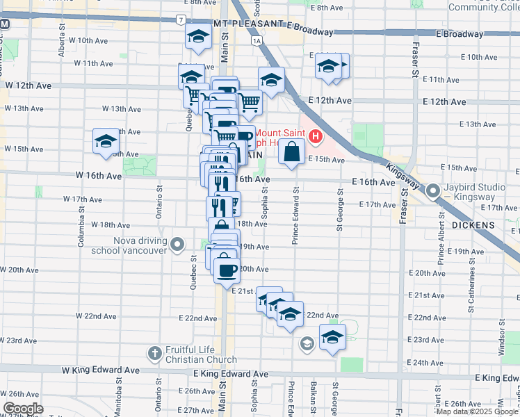 map of restaurants, bars, coffee shops, grocery stores, and more near 3311 Sophia Street in Vancouver