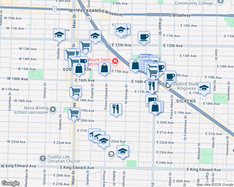 map of restaurants, bars, coffee shops, grocery stores, and more near 458 East 17th Avenue in Vancouver