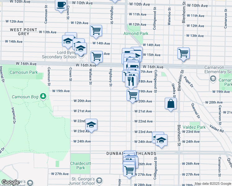 map of restaurants, bars, coffee shops, grocery stores, and more near 3756 West 19th Avenue in Vancouver
