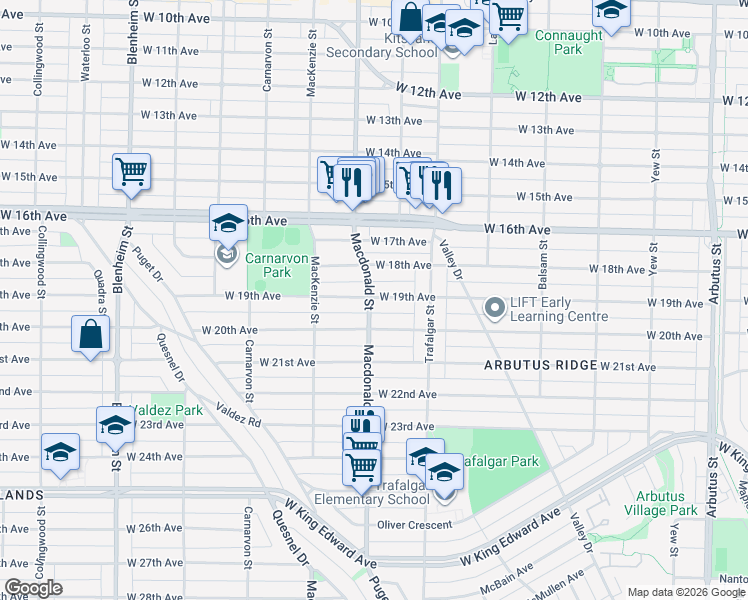 map of restaurants, bars, coffee shops, grocery stores, and more near 2798 West 19th Avenue in Vancouver
