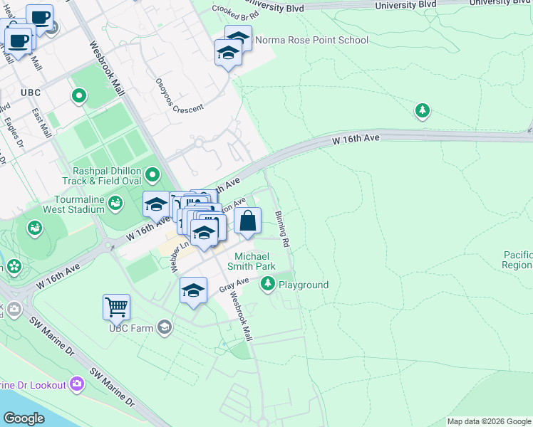 map of restaurants, bars, coffee shops, grocery stores, and more near 3355 Binning Road in Vancouver