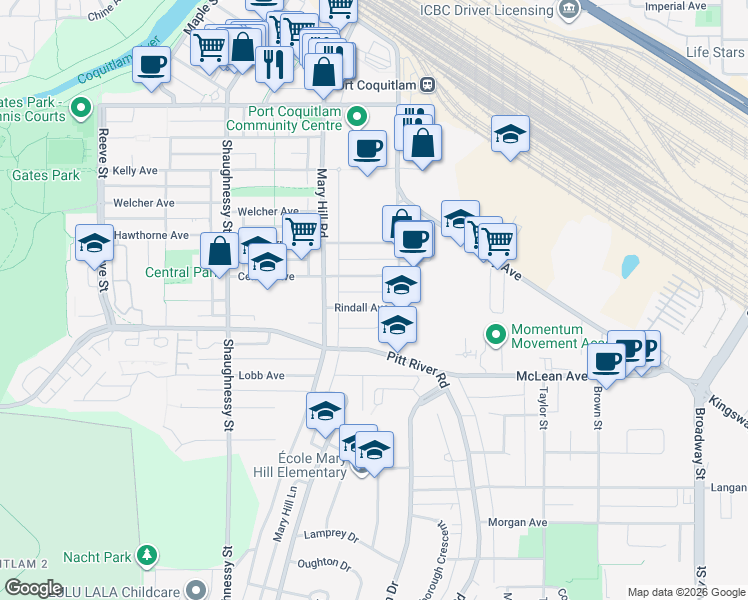 map of restaurants, bars, coffee shops, grocery stores, and more near 2137 Rindall Avenue in Port Coquitlam