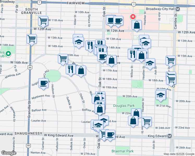 map of restaurants, bars, coffee shops, grocery stores, and more near 3391 Oak Street in Vancouver