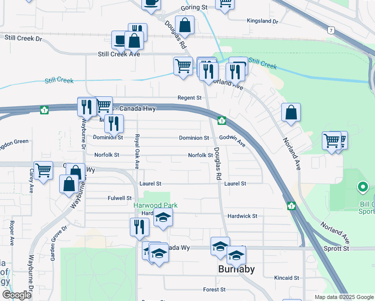map of restaurants, bars, coffee shops, grocery stores, and more near 5453 Norfolk Street in Burnaby