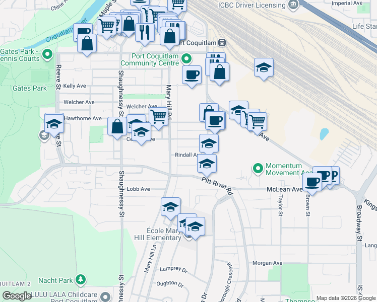 map of restaurants, bars, coffee shops, grocery stores, and more near 2155 Rindall Avenue in Port Coquitlam