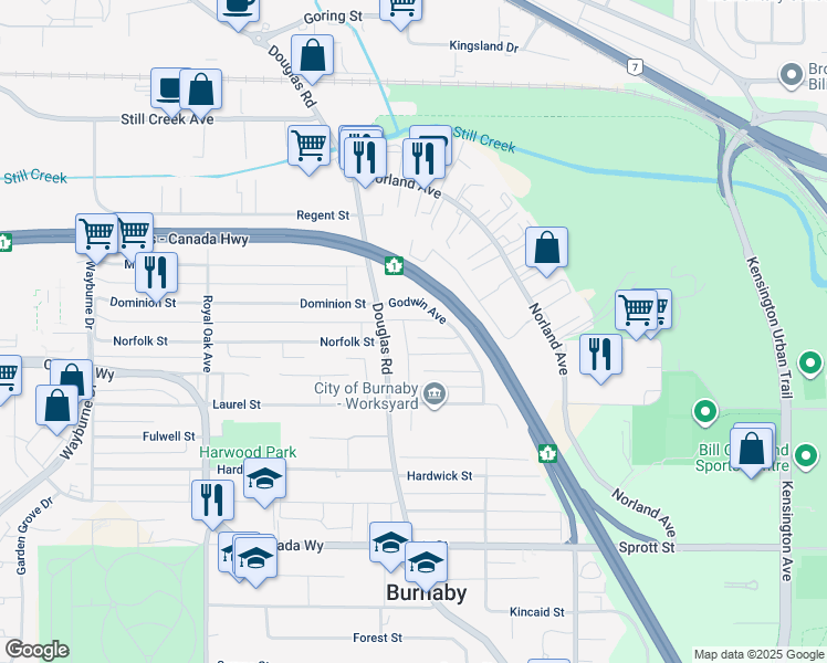 map of restaurants, bars, coffee shops, grocery stores, and more near 5681 Camino Court in Burnaby