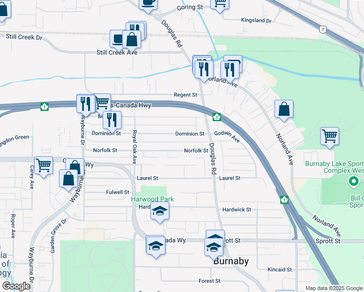 map of restaurants, bars, coffee shops, grocery stores, and more near 5447 Norfolk Street in Burnaby