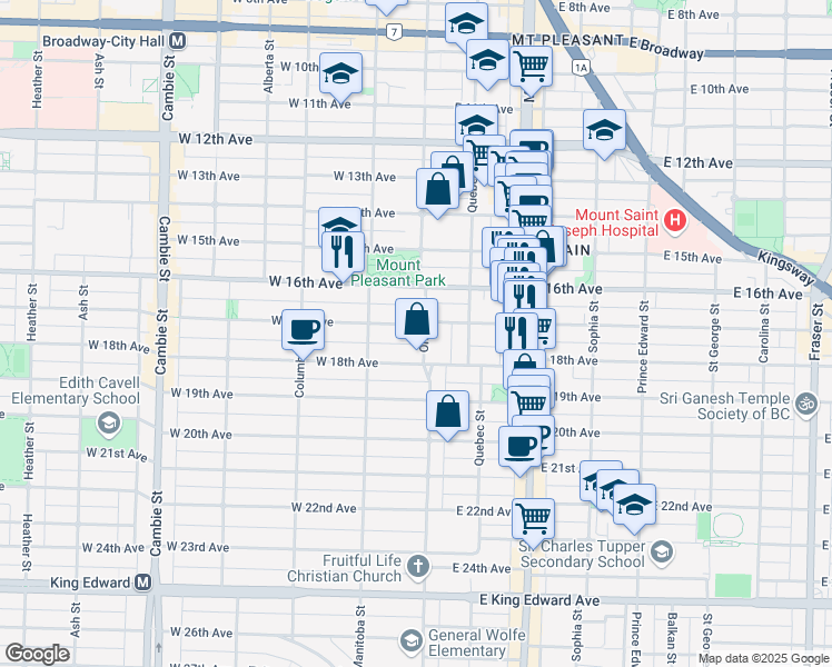 map of restaurants, bars, coffee shops, grocery stores, and more near 8 West 17th Avenue in Vancouver