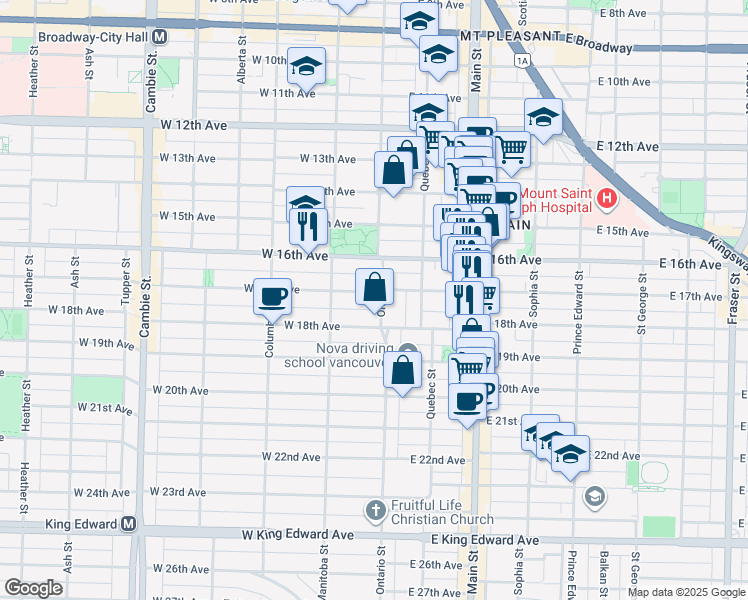 map of restaurants, bars, coffee shops, grocery stores, and more near 8 West 17th Avenue in Vancouver